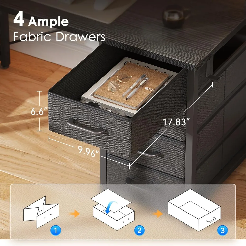 مكتب ألعاب كمبيوتر مقاس 55 بوصة مع منافذ طاقة و4 أدراج، مكتب منزلي مع حامل شاشة وأرفف طابعة، أسود