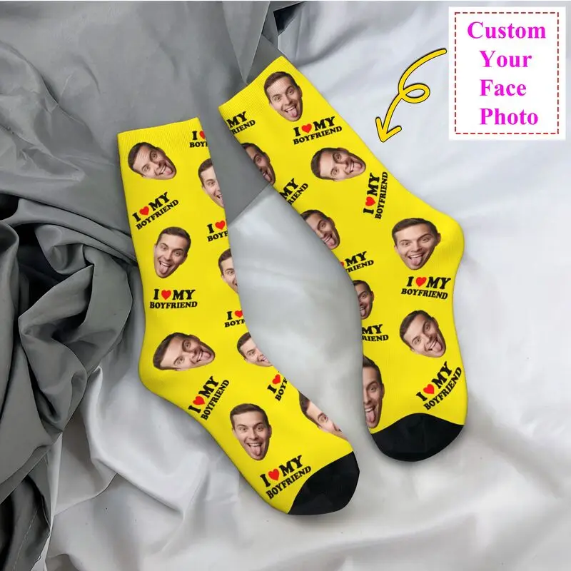 Novedad, calcetines de vestir personalizados con foto de cara personalizada I Love My Boyfriend para hombre, calcetines unisex cálidos y cómodos con estampado 3D