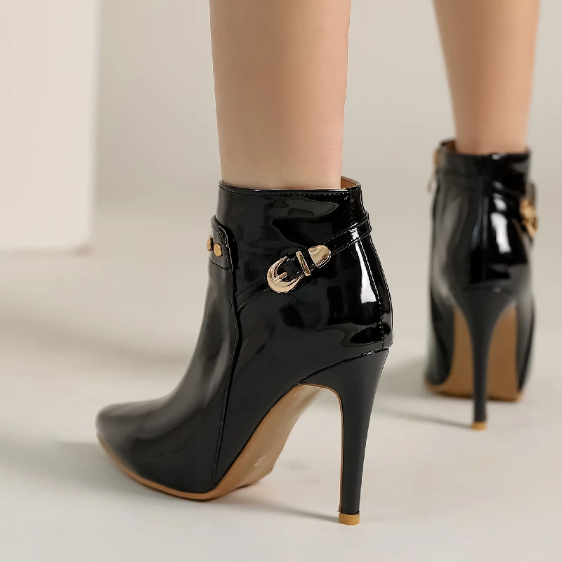 Fashion Women\'s Ankle Boots Patent Black Green Short Boot Point Waterproof High Heels Party Dance Shoes Female Large Size 45 50
