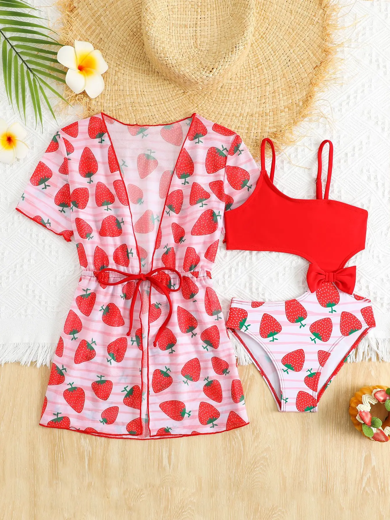 Girls Strawberry Swimsuit One Piece Bathing Suit with Cover Up Rash Guard Set Kids Ruffle Puff Sleeve Swimwear for Girls 4-7Y