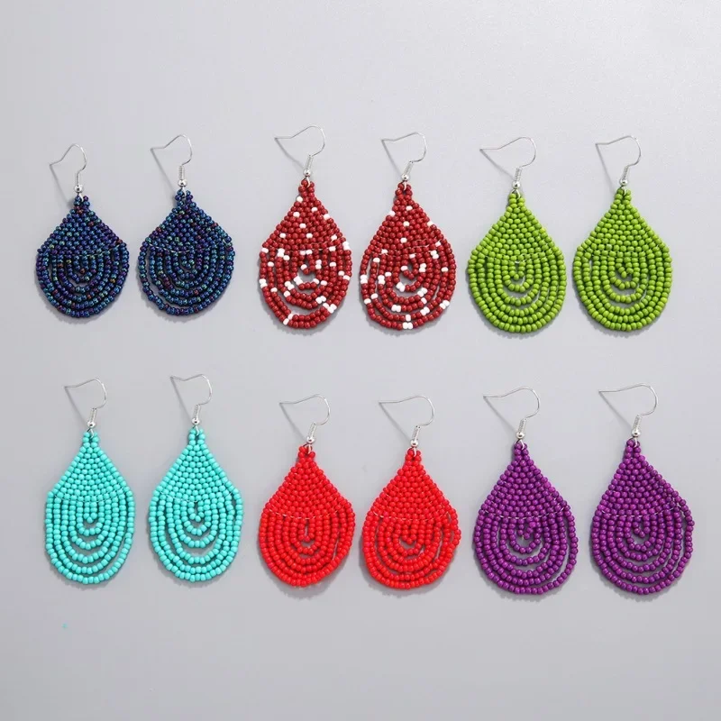 Beaded earrings Drop-shaped Originality Multilayer Colour Hand knitting Bohemia Alloy Tide Simple Geometry Rice bead earrings