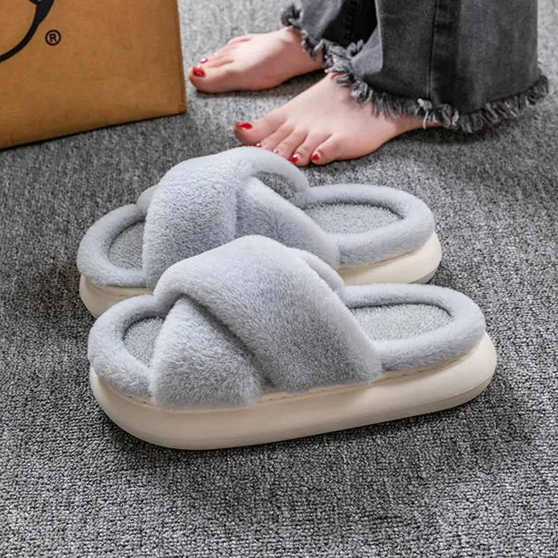 Fluffy Fur Home Slippers Women Winter 2024 New Non-slip Indoor Floor Shoes Thick Bottom Home Cotton Furry Slippers Flip Flops