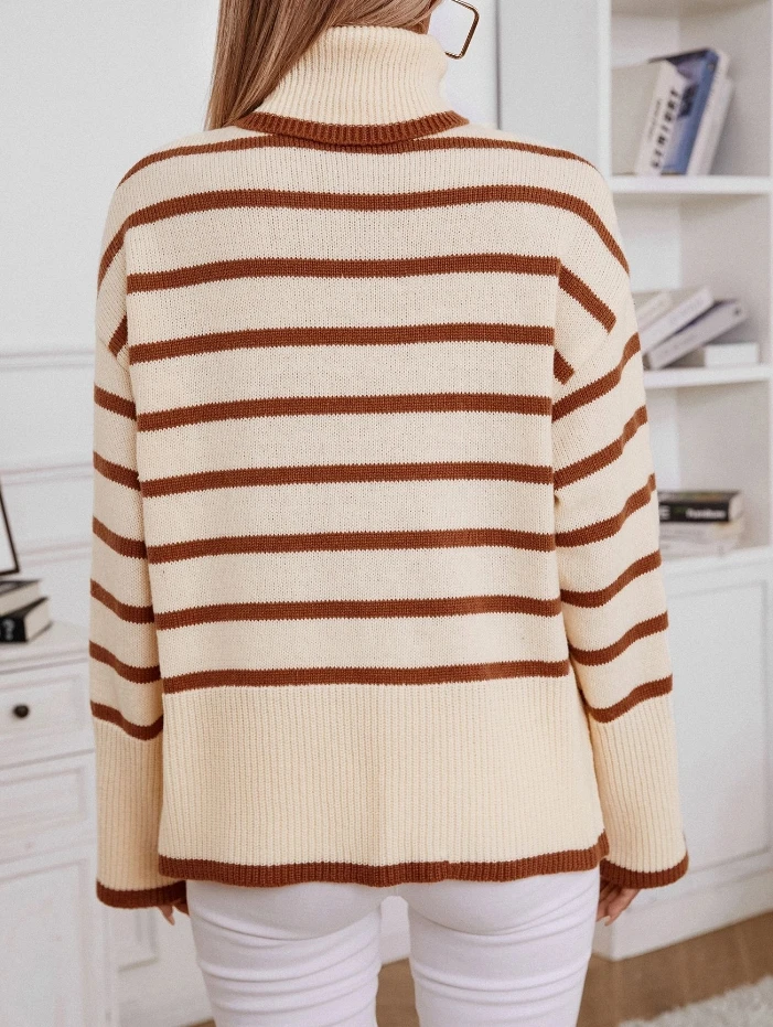 Women's knitted pullover collar fashionable commuting striped women's sweater 2024 autumn/winter loose top in stock