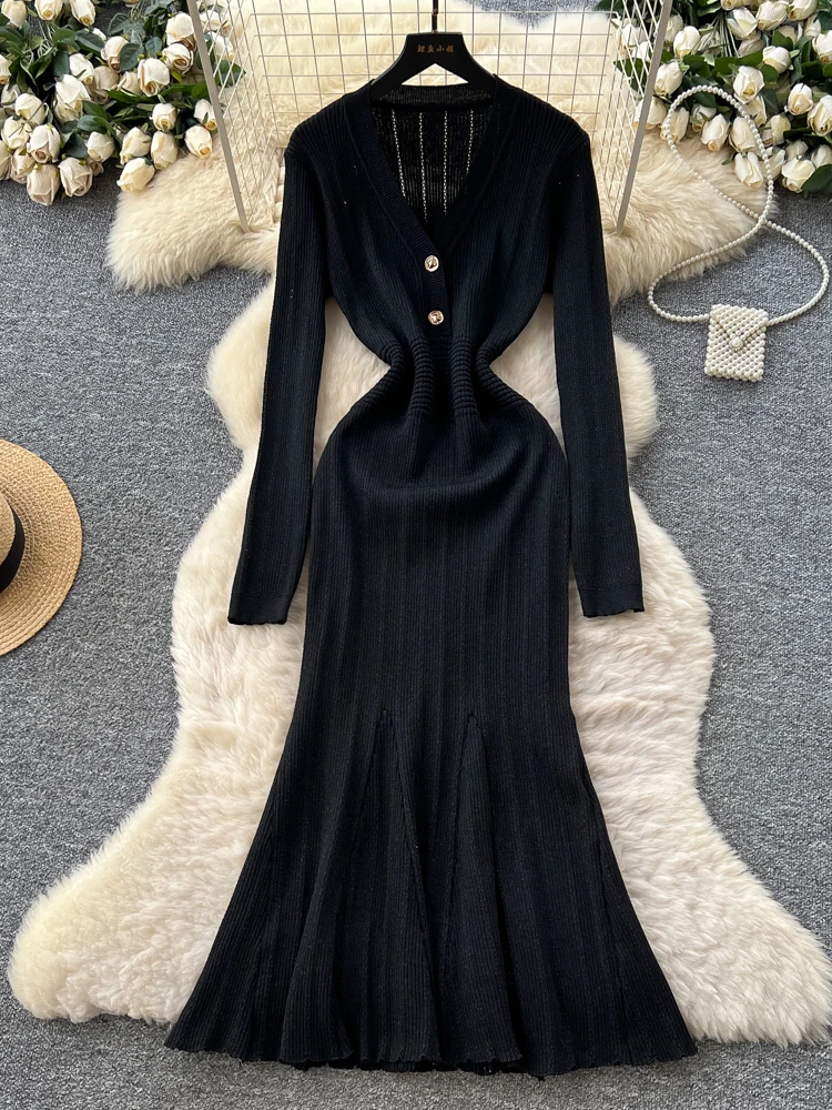 Feminino com decote em v babados vestido de malha vermelha outono manga longa camisola cabida sereia maxi vestido chique quente camadas puxa femmes