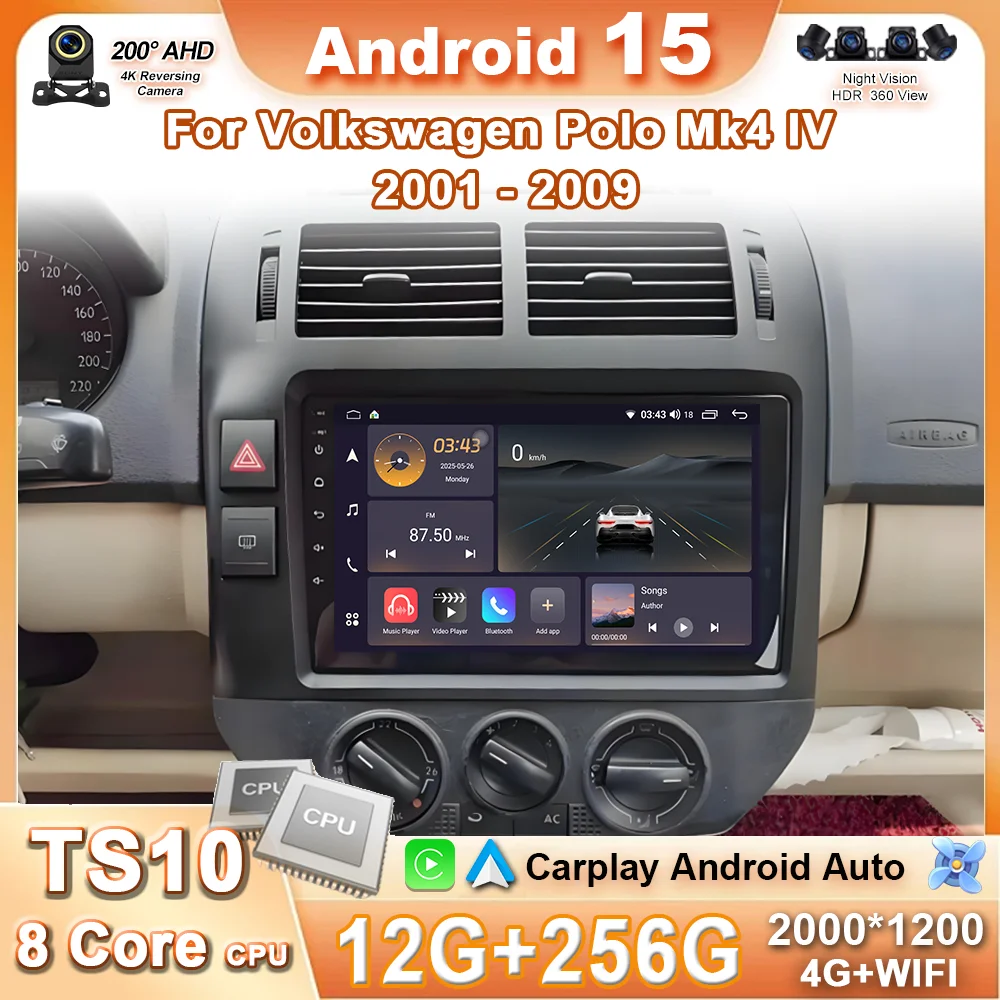 Android 15 Radio Stereo For Volkswagen VW Polo MK4 6Q 9N 9N3 2004- 2009 Auto Wireless CarPlay Multimedia Player GPS Navigation
