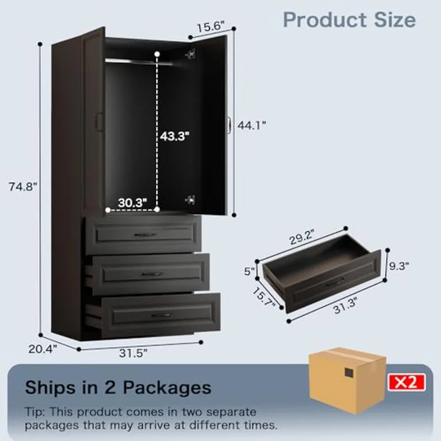 Armoire Wardrobe Closet with 3 Drawers for bedroom use, engineered wood in white, smooth glide drawers and adjustable shelf