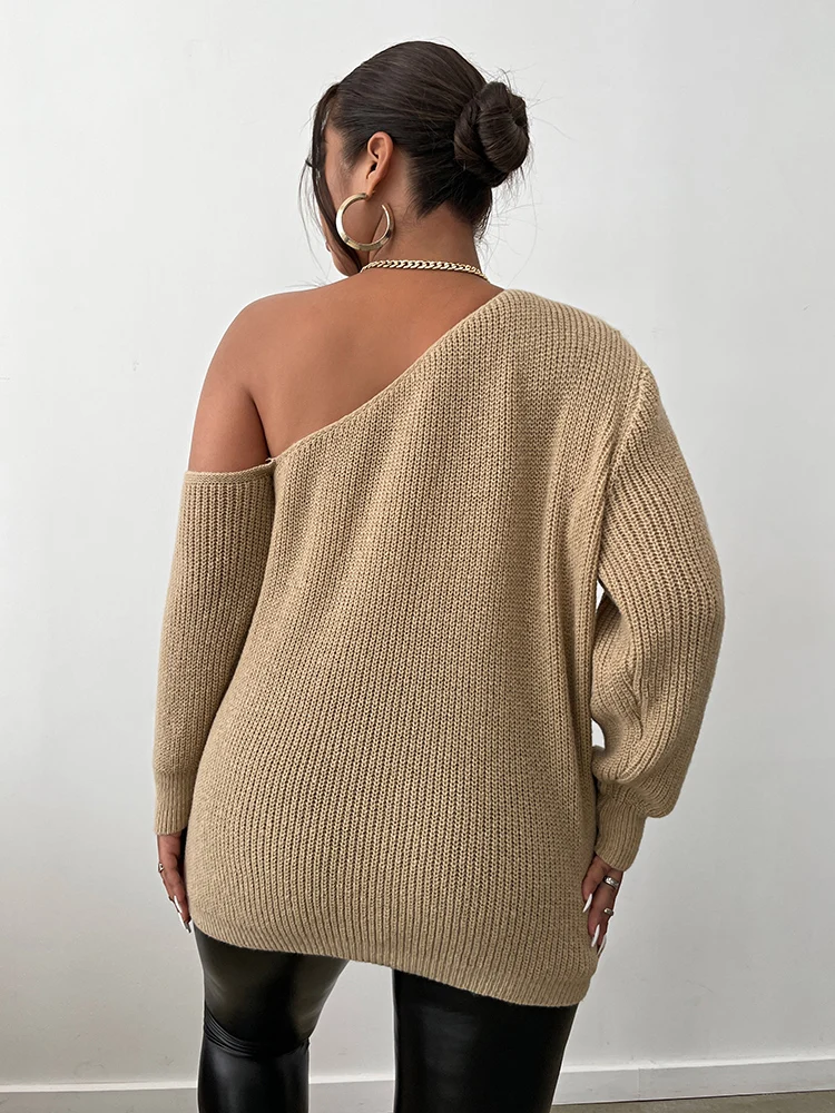 ONELINK Light Brown Asymmetric One Shoulder Sexy Plus Size Wool Women\'s Sweater Pullover Flat Knitting Long Sleeves Loose Tops