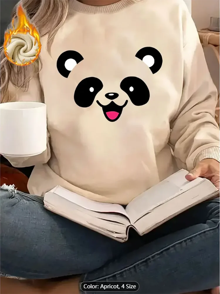 

Женская абрикосовая толстовка с милым принтом панды и графическим принтом на флисовой подкладке, повседневный пуловер большого размера, топ для любителей животных из чистого хлопка