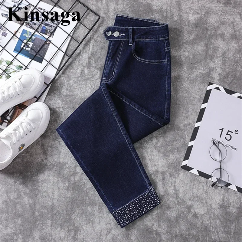 Designer Sequined Cuffed Dark Blue Capris Jeans Mom Chi Vintage Streetwear High Waist Ankle Length Stretchy Skinny Pencil Pants