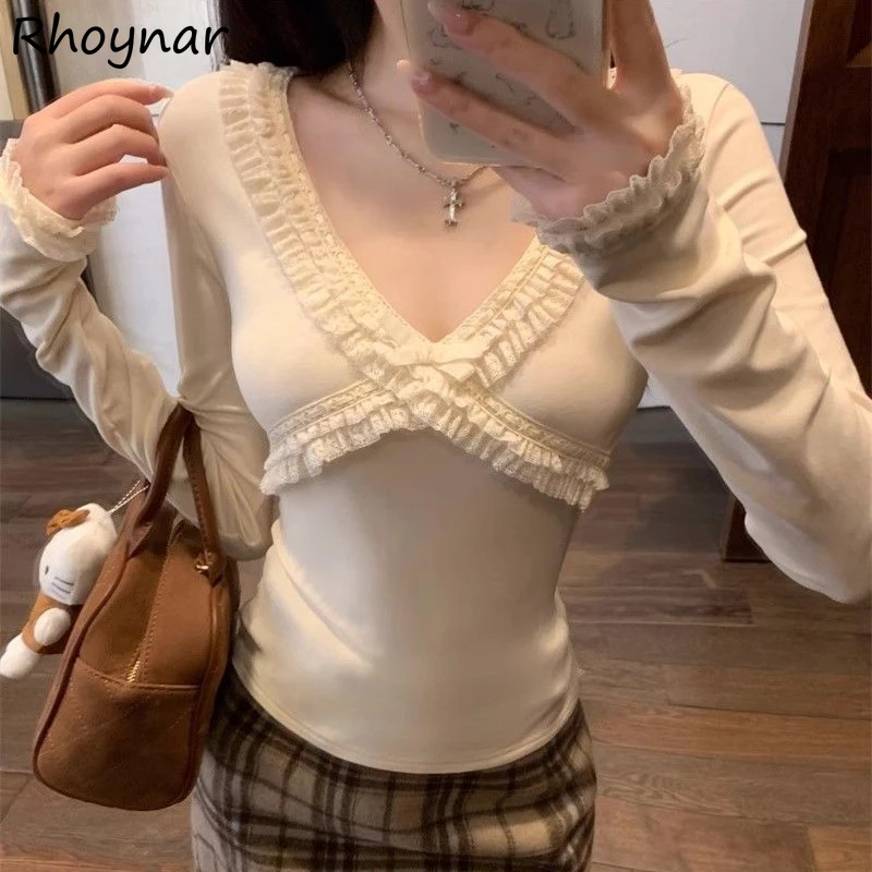 

Футболки женские осенние милые изящные топы для девочек кружевные лоскутные топы с длинными рукавами и бантом с v-образным вырезом модные модные универсальные футболки в корейском стиле