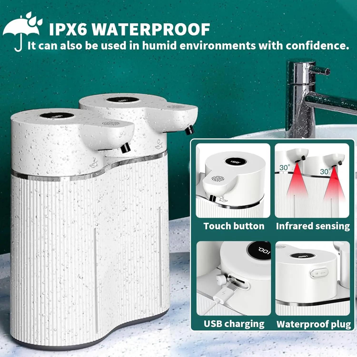 Dispenser Sabun Otomatis Dual-Head STLF Commercial Hotel, Sensor, Isi Ulang USB, Tanpa Sentuh, untuk Sabun Cair dan Busa