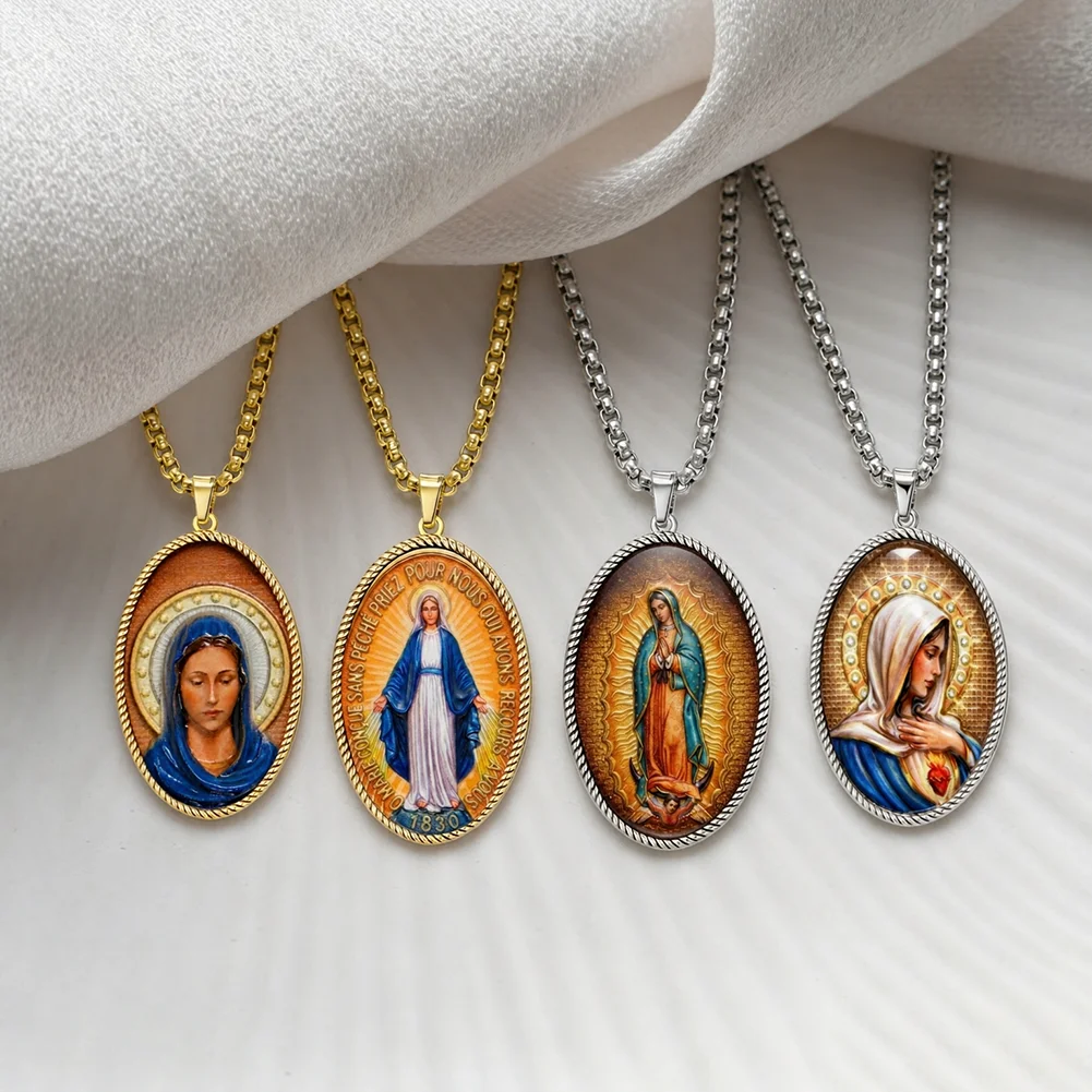 Virgin Mary Color Picture Pendant Necklace Our Lady of Guadalupe & Miraculous Medal 1830 Catholic Religious Amulet Jewelry Gifts