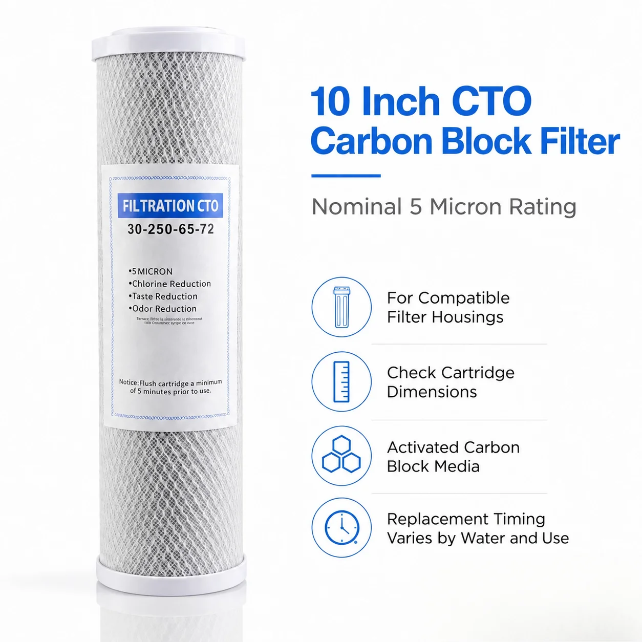 10 x 2.5 Inch CTO Activated Carbon Block Water Filter Cartridge 5 Micron for Compatible RO Under Sink and Whole House Systems
