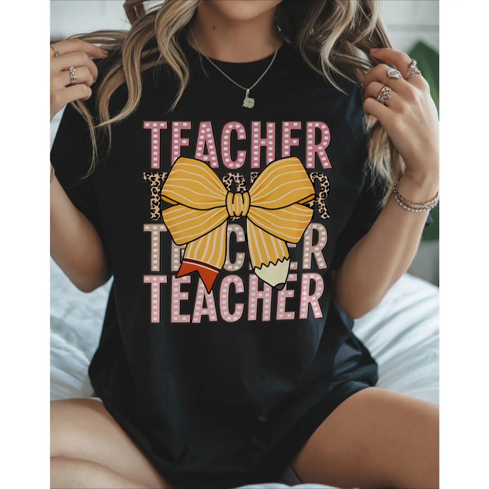 

Teacher Life T Shirt Women Funny Leopard Print Bow Graphic Tee Cute Educator Appreciation Gift Casual School Workwear Top