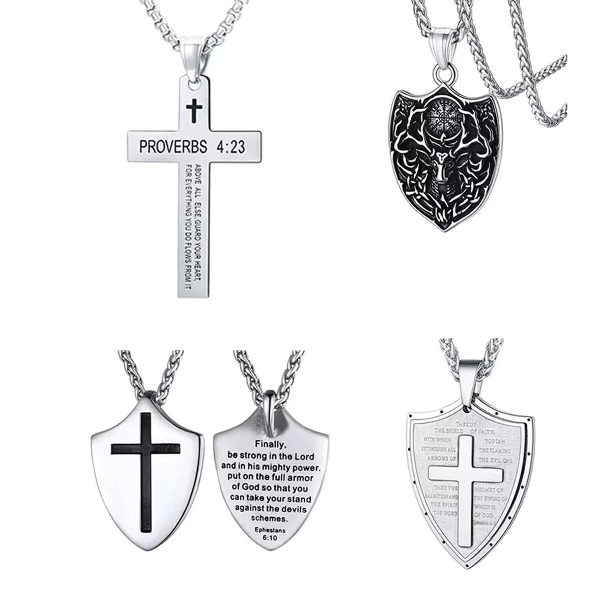 U7 Stainless Steel Shield Necklaces for Man Woman Skull Skeleton Cross Bible Verse Protection Amulet Unisex Gothic Punk Jewelry