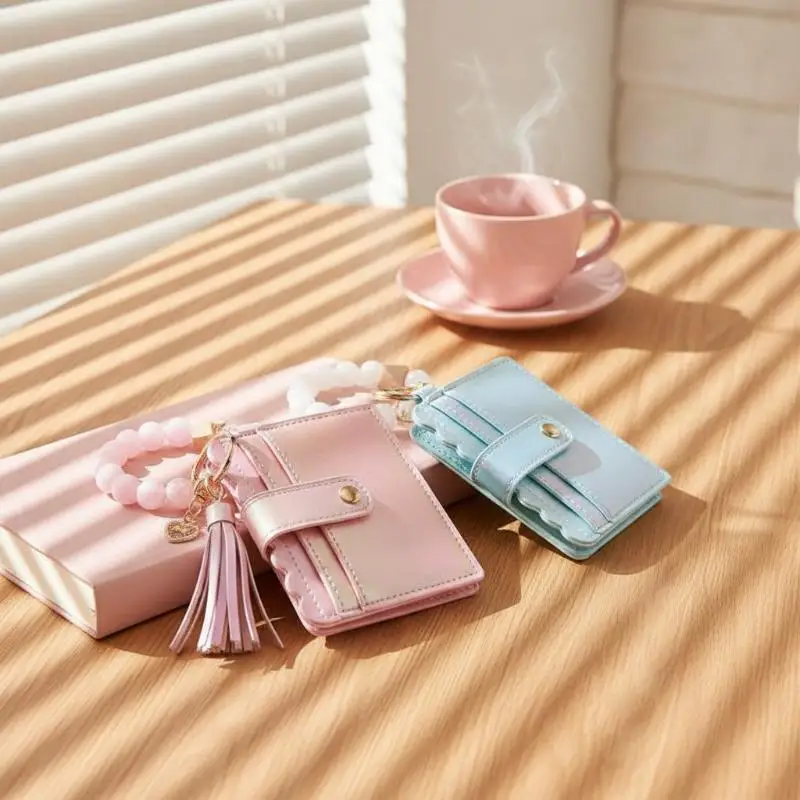 Adorable Girls Card Holder Gradient Color Wallet Heart Charm Silicone Bead Bracelet Leather ID Case - Fashionable Organizer