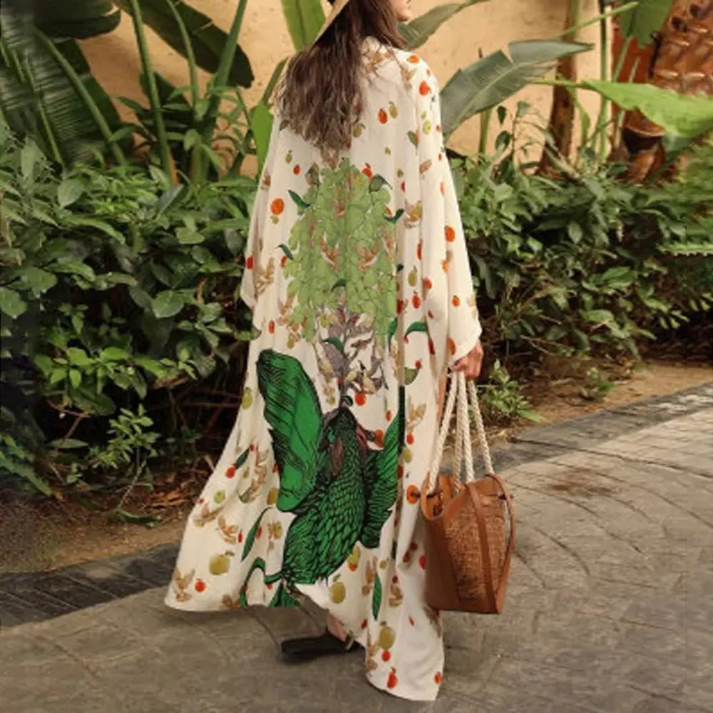 Fashion Boho Bikini Cover-ups Peacock Print Oversized Loose Maxi Dress Open Front Sunscreen Shawl For Women