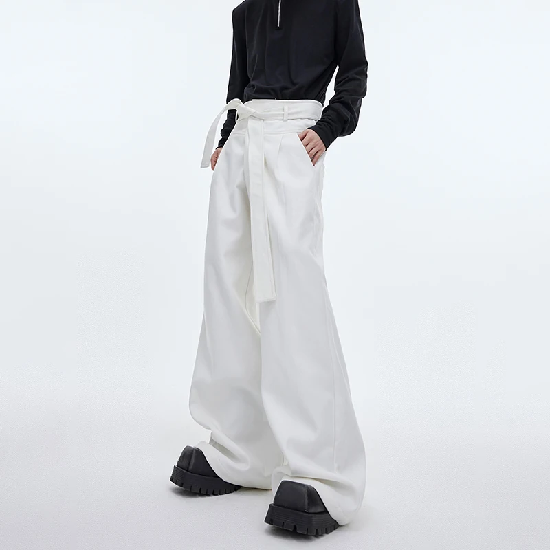 Luzhen 2025 novo cinto de cor sólida decorar calças casuais soltas masculino elegante luxo calças de perna larga bell-bottoms lz9568