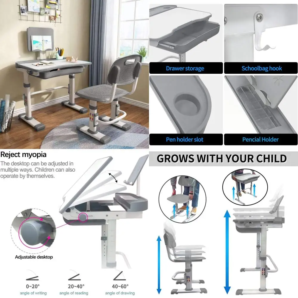 

Adjustable Height Kids Desk & Chair Set with Tilt Table, Book Holder, LED Light, Metal Hooks & Storage