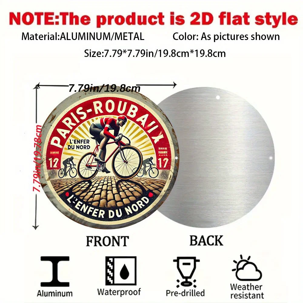 Vintage Paris-Roubaix L'Enfer Du Nord Round Tin Sign, Retro Distressed Cycling Race Cobblestone Road Metal Wall Art, Rustic Bicy