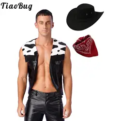 Mens Wild West Cosplay Cowboy Costume Halloween Dress Up Clothes Flannel Open Front Vest Coat Jacket with Bandanna Hat Set 