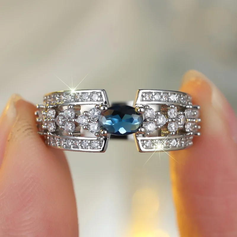 2026 New Light Luxury Sapphire Diamond Set Ring for Women, Elliptical Colored Zircon Set Open End Jewelry Jewelry Accessories