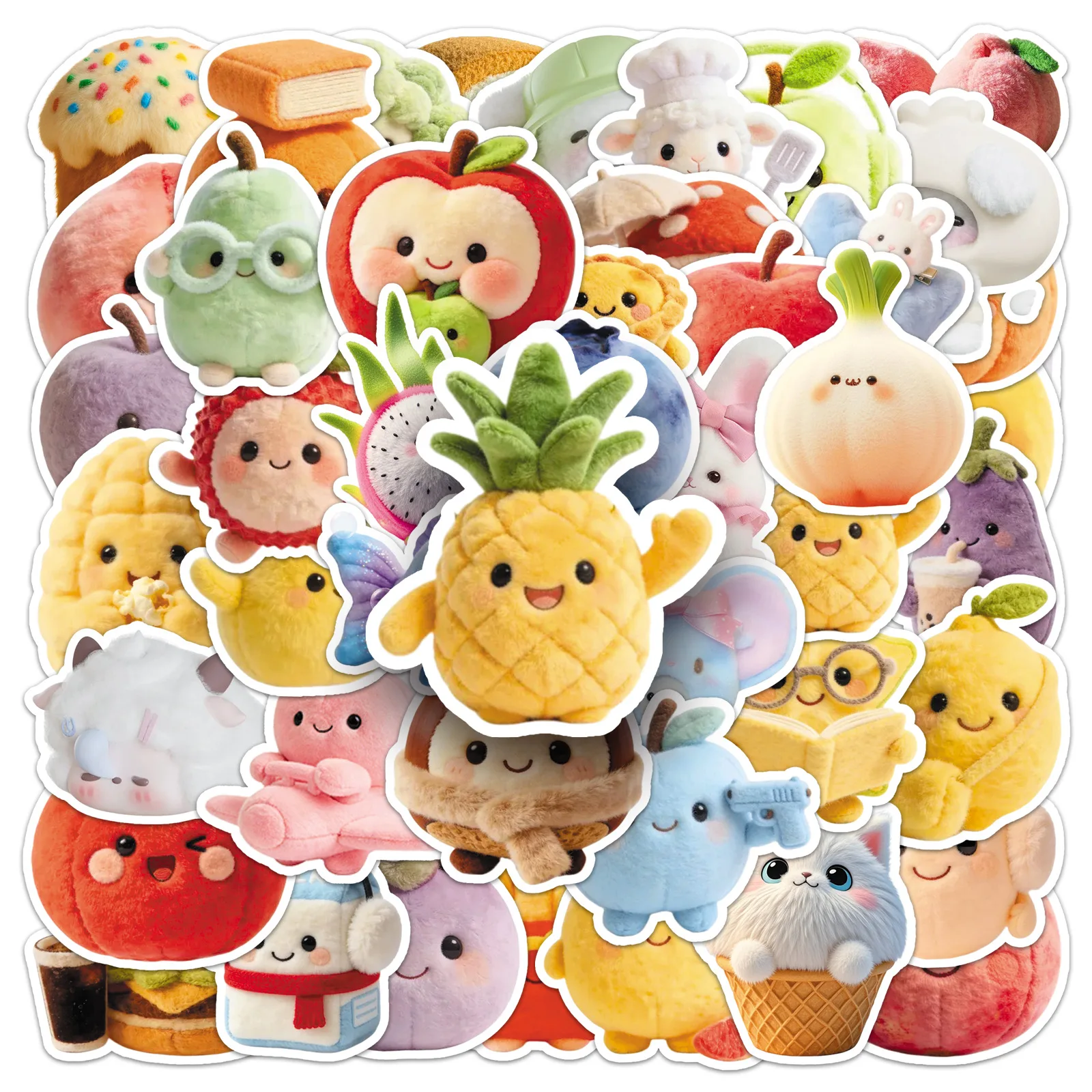 51Pcs Cute Plush Fruit & Animal Stickers, Waterproof Vinyl Decals for Water Bottle Notebook DIY Crafts