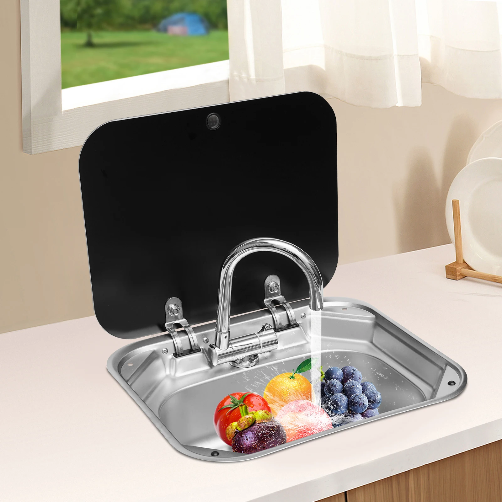 RV Sink Caravan Sink, Camper Basin Bowl, Hand Wash Basin, with Stainless Steel Faucet Rectangular 41*36.5*16cm for RVs
