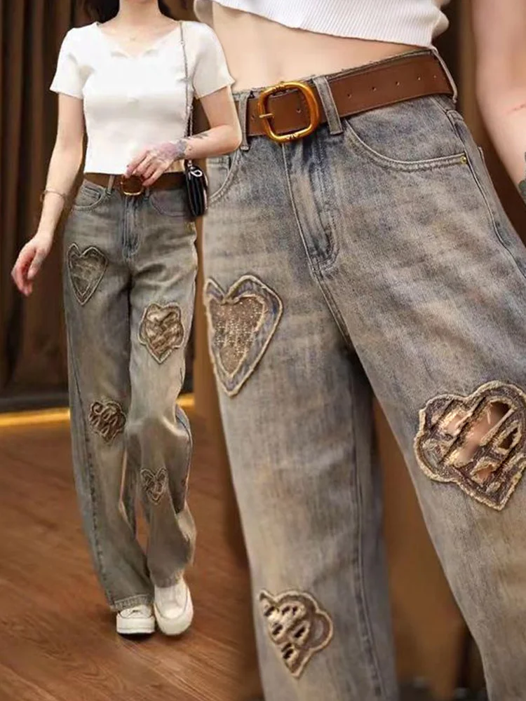 

Heavyweight Embroidered Wide Leg Jeans Women's Summer New Thin Retro High Waist Slimming Loose Straight Cut Blue Denim Pants