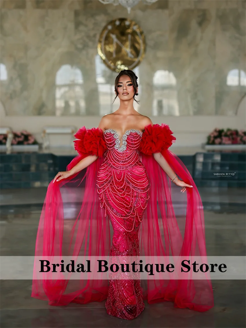 

Red Prom Party Dresses 2025 Beading Off Shoulder Diamonds Formal Prom Evening Party Dress Wedding Party Gown Customized