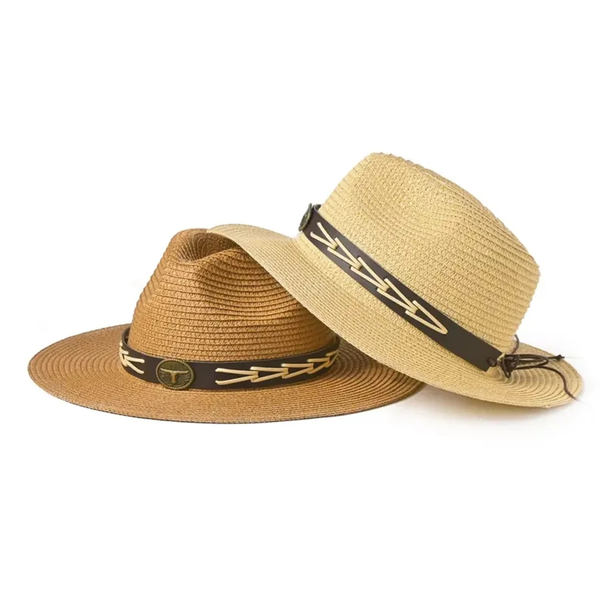 Ladies\' wide belt trim cowboy hat spring and Summer Outdoor Sun Protection Beach Sun hat folding straw jazz hat men can wear