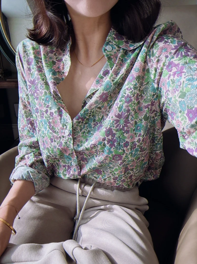 

Romantic Fre een Purple Floral Print Small Floral Vintage Collar Loose Long Sve Cotton irt Women's Commute Sle