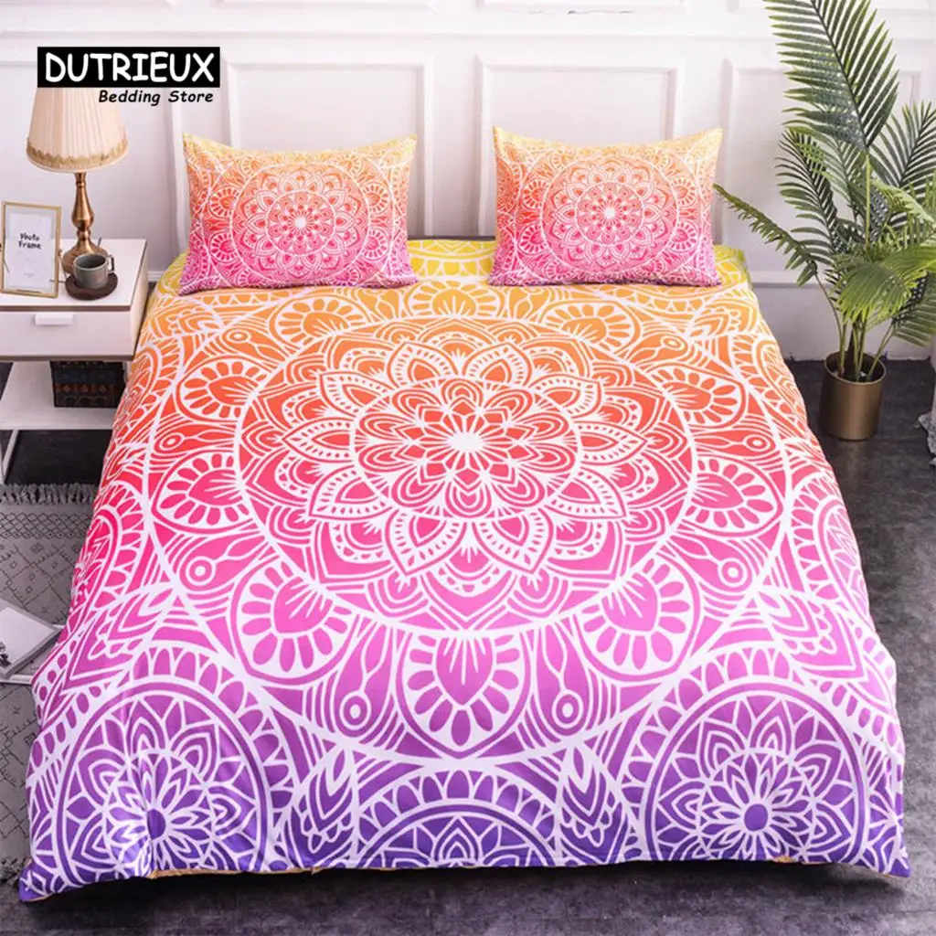 Colorful Mandala Duvet Cover Set Bohemian Style Pastel Toned Abstract Flower Design Print Bedding Set Quilt Cover Pillow Covers