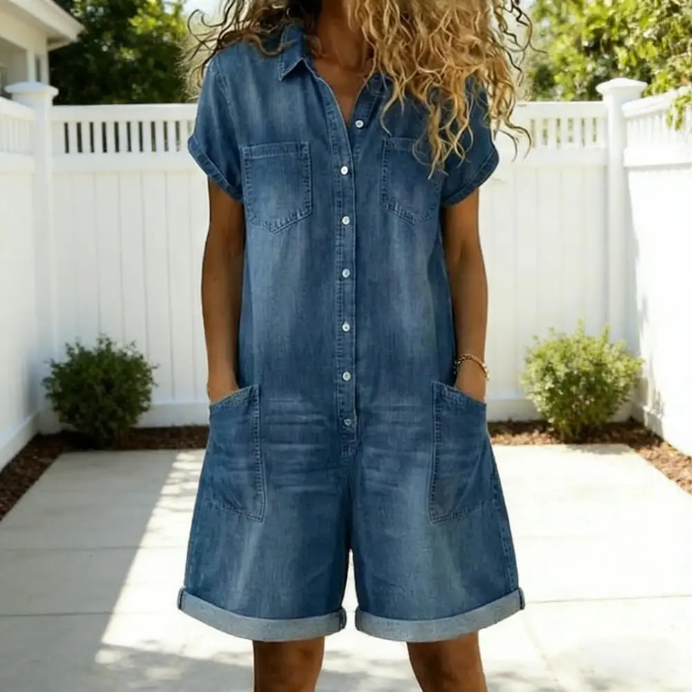 

Модный женский джинсовый комбинезон 2026 года с коротким рукавом, на пуговицах, с отворотами, летний, цельный