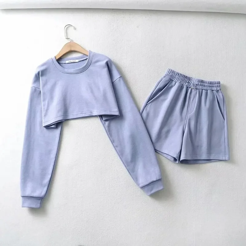 New Women Simple Sport Set Two Piece Set Solid Color Crop Tops and Shorts Loose Casual Chic Girls Suits Sping Autumn Tops Shorts