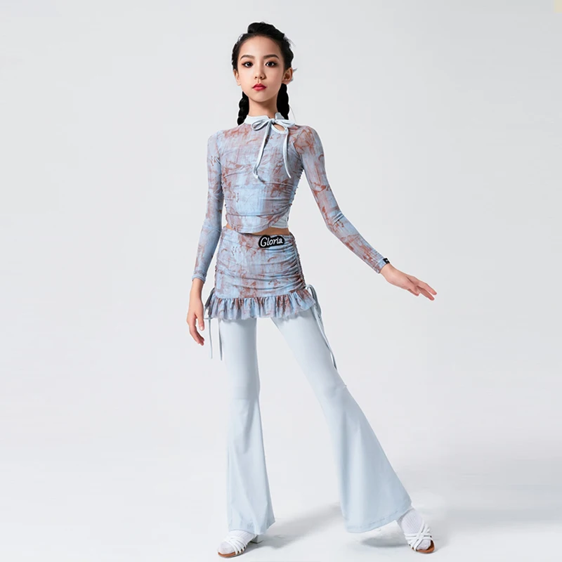 2024 New Children Latin Dance Dress Girls Blue Long sleeved Top  Pants Splicing Skirt Set Ballroom Tango Dancing Costume XH943