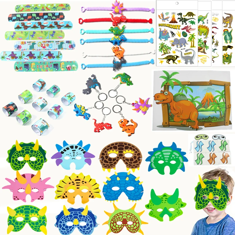 Dinosaur Party Favor Kids Birthday Dinosaur Masks Bracelet Keychain Ring Tattoo Sticker for Boy Dinosaur Birthday Party Supplies