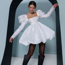 New modern white square neck sexy short wedding dress Beach Bridal gown Long sleeve A-line mini wedding bridal puffy dress