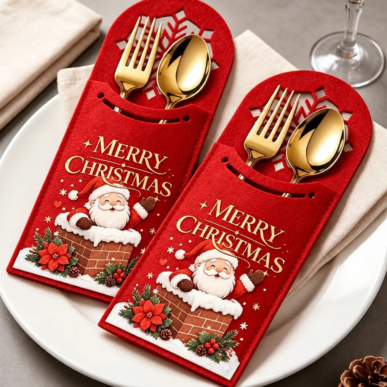 Felt Christmas Cutlery Pockets Lightweight Snowflake Cutlery Pocket Utensil Holder Reusable Knife Fork Spoon Holder For Holiday