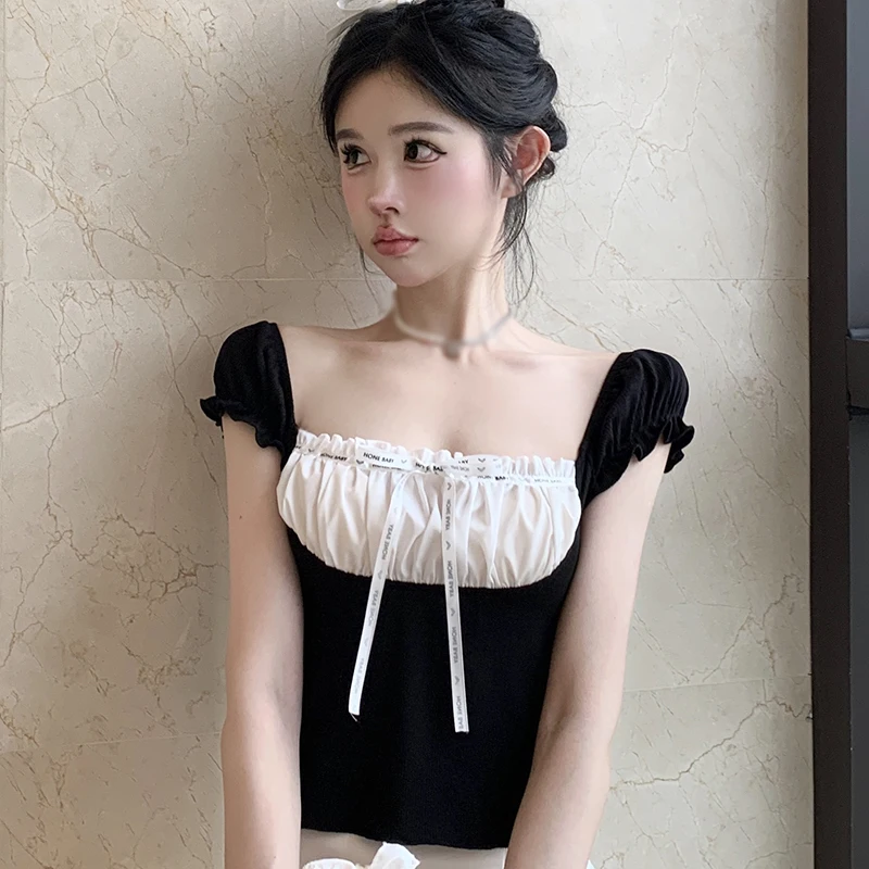 New women's knitted top short sleeve summer fashion square neck Y2K crop T-shirt South Korean one-shoulder women