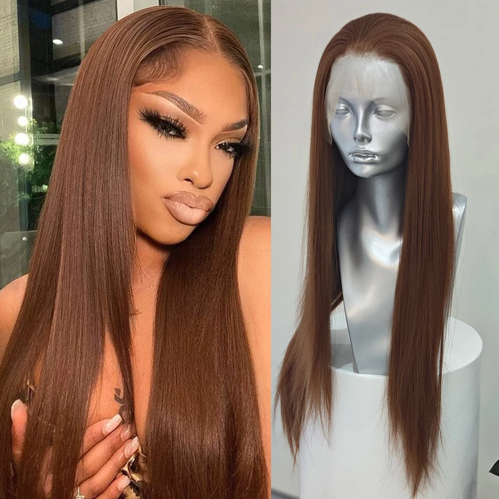 Brown Straight Synthetic Wig Silk Long Straight Hair Heat Fiber Lace Front Wigs Women Daily Makeup Use Brown Fashion Hair