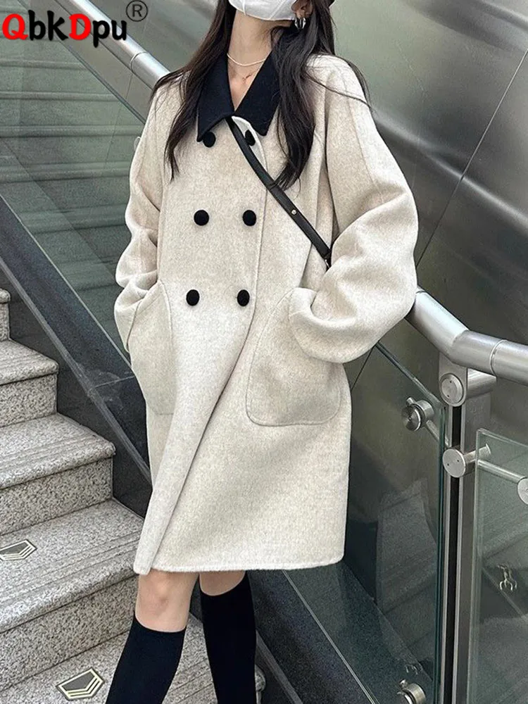 Frauen Woolen Ungefüttert Lose Jacken Herbst Winter Elegante Zweireiher Revers Neck Abrigos Koreanische Casual Langarm Mäntel Tops