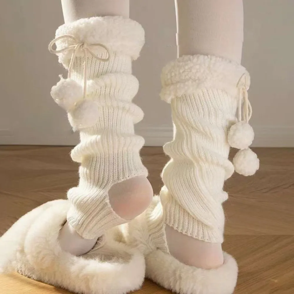 ถุงเท้ากันหนาวแบบใหม่ สีพื้น ผ้าขนแกะ แต่งโบว์ สไตล์ฮาราจูกุ ความยาวครึ่งน่อง หนาพิเศษ ใช้คลุมรองเท้าบูท สำหรับฤดูใบไม้ร่วงและฤดูหนาว