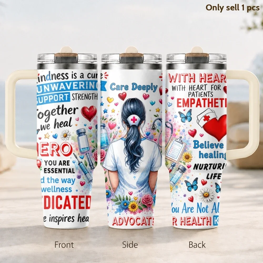 The kind nurse in white attire  40oz 3rd Gen Vacuum Insulated Stainless Steel Tumbler Cup with Handle Straw Lid for Gifts