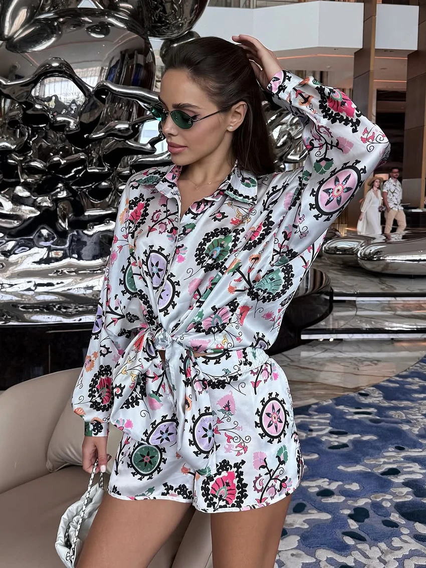 Marthaqiqi Printing Loose Women Nightwear Suit Turn-Down Collar Sleepwear Long Sleeve Pajamas Shorts Casual Ladies Nightgown Set