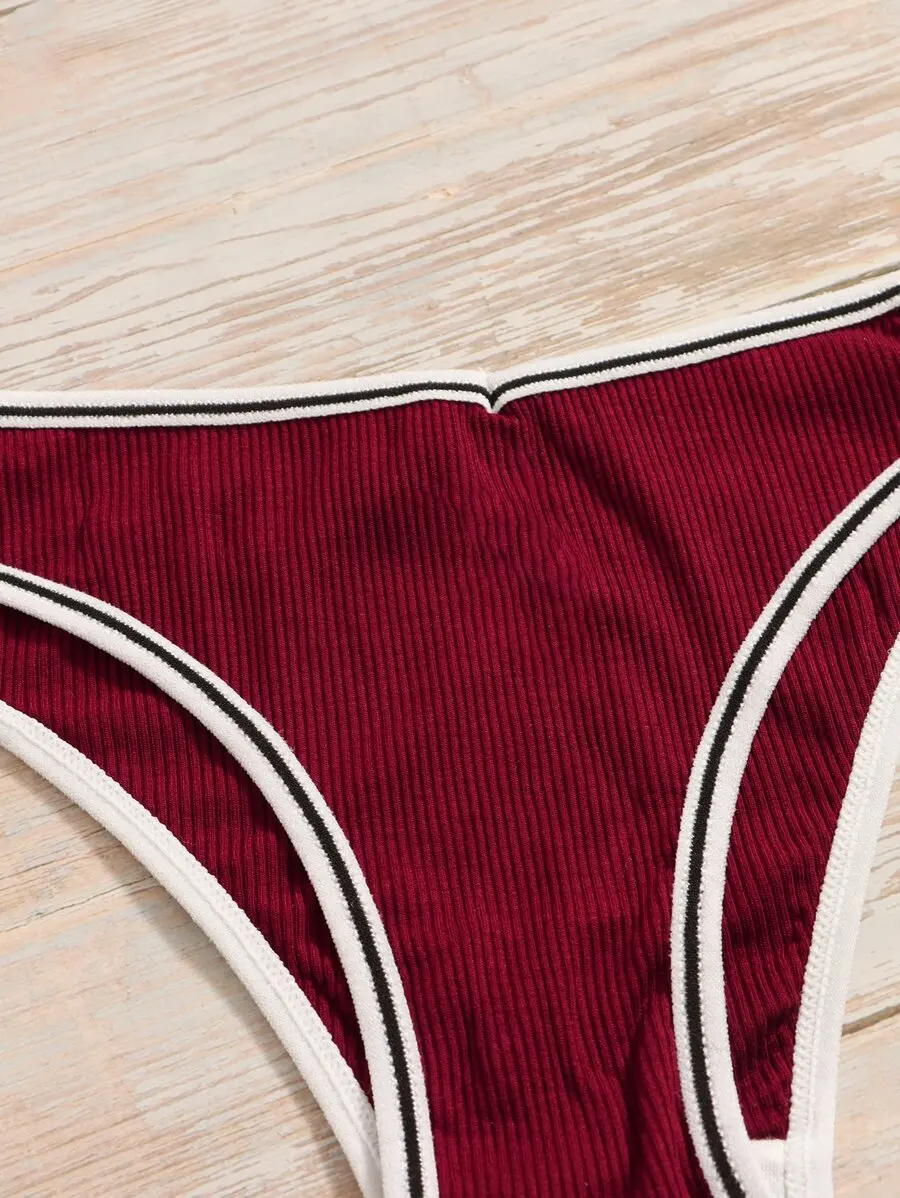 

Womens Burgundy Ribbed Bikini Panties With Contrast White Black Binding