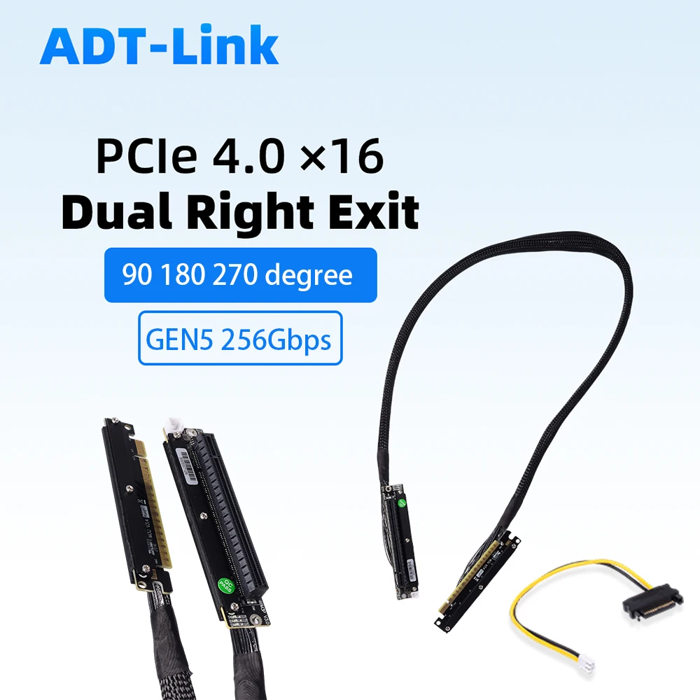 ADT-Link PCIE 4.0 X16 Dual Reverse Riser Cable 90 270 Degree GEN4 256Gbps Soft GPU Server Extender For A4 ITX RTX 4090 RX7900xt