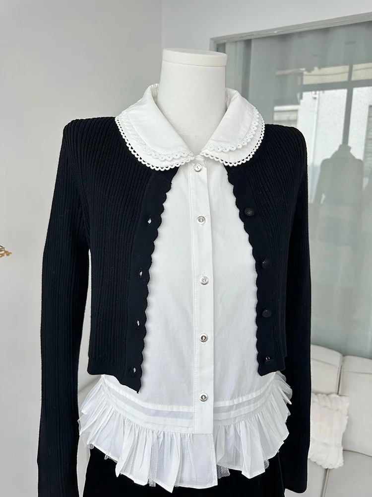 Blaレーストリム刺繍ドールカラーロングスリーブ女性用ファッションセットツーピーススーツ秋2025新作スレエレ