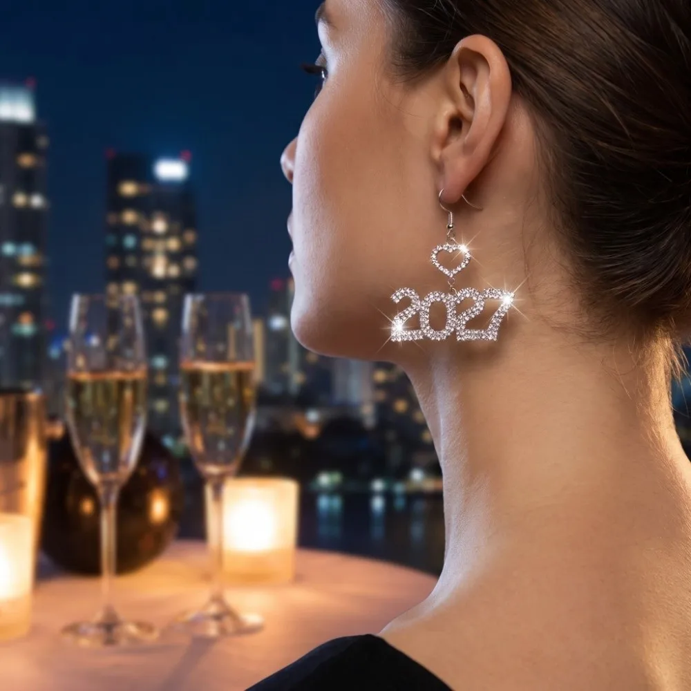 Elegant 2027 Digital Earrings Hollowed-out Fashion Long Drop Happy New Year Earrings Rhinestone Heart-Shaped