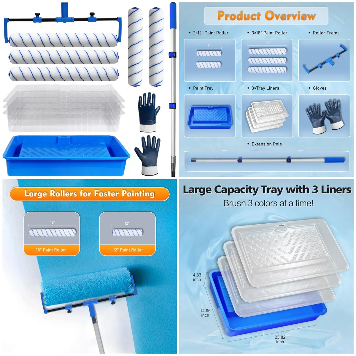 

Paint Roller Kit, 12PCS, 18in Rollers, Disposable Trays, 21.26-47.64in Pole, Gloves Included
